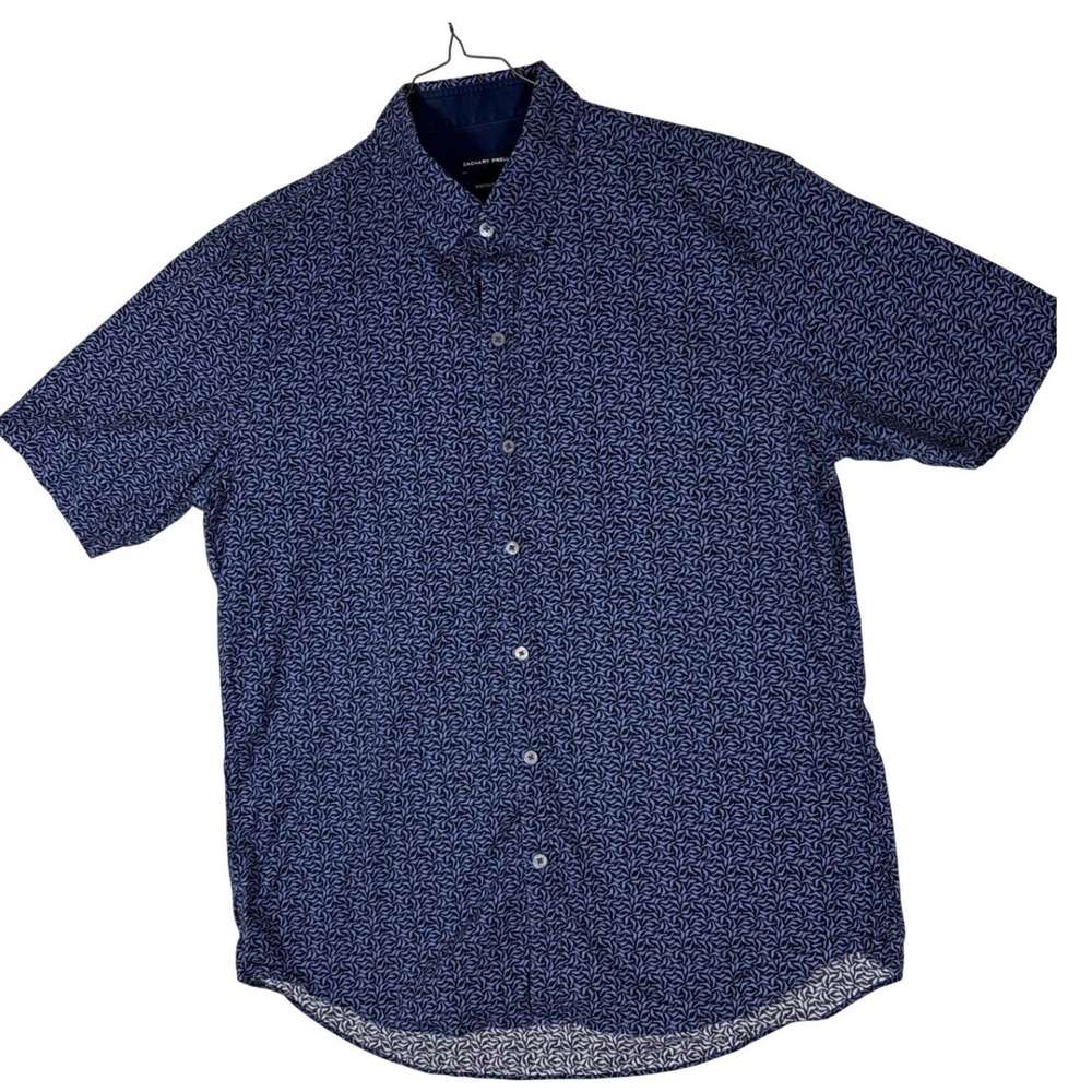 Zachary Prell Mens Large Blue Geometric Leaf Print Short Sleeve Stretch Shirt